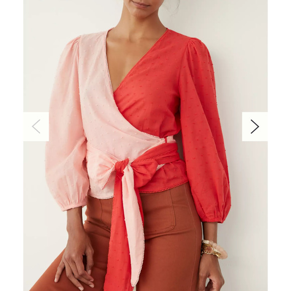 Anthropologie Farm Rio Pink Red Colorblock Wrap Blouse XS Cotton Swiss Dot Puff - Picture 9 of 10